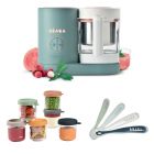 Robot Babycook Neo Eucalyptus + Coffret 6 portions verre 250ml Sunrise color mix + Lot de 4 cuillères 1er âge silicone Storm