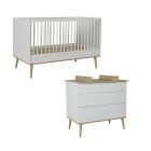 Chambre duo lit bébé 70x140 cm + commode avec plan à langer Flow White & Oak