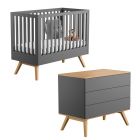 Chambre duo lit 70x140 + commode gris - Collection Nature