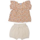 Ensemble Blouse + Short en gaze orange/ écru - 12 mois