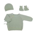 Ensemble Bébé 3 Pièces Les Chatounets - Brassière + Bonnet + Chaussons Taille 1 Mois - Tricot Sauge - 100% Acrylique