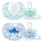 Lot de 2 sucettes Ultra douces 0/6 mois Bateau et Hello