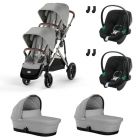 Poussette jumeaux Gazelle S Stone Grey + 2 Sièges auto Aton B2 i-Size + 2 Nacelles S