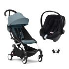 Poussette duo YOYO 3 pack 6+ et siège auto Aton B2 Black - Chassis blanc - Aqua