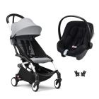 Poussette duo YOYO 3 pack 6+ et siège auto Aton B2 Black - Chassis blanc - Stone