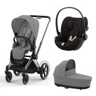 Poussette trio e-Priam 2 Mirage Grey châssis Chrome Black + Cloud G i-Size + Nacelle
