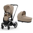 Poussette duo e-Priam 2 Cozy Beige châssis Chrome Black + Nacelle Luxe