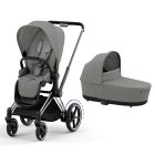 Poussette duo e-Priam 2 Mirage Grey châssis Chrome Black + Nacelle Luxe