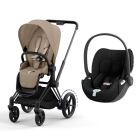 Poussette duo e-Priam 2 Cozy beige châssis Matt Black + Cloud T i-Size
