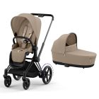 Poussette duo e-Priam 2 Cozy Beige châssis Matt Black + Nacelle Luxe