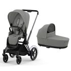 Poussette duo e-Priam 2 Mirage Grey châssis Matt Black + Nacelle Luxe