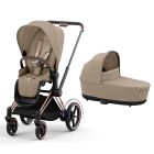Poussette duo e-Priam 2 Cozy Beige châssis Rose Gold + Nacelle Luxe