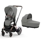 Poussette duo e-Priam 2 Mirage Grey châssis Rose Gold + Nacelle Luxe