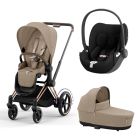 Poussette trio e-Priam 2 Cozy Beige châssis Rose Gold + Cloud T i-Size + Nacelle