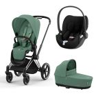 Poussette trio Priam 4 Leaf Green châssis Chrome Black + Siège auto Cloud T i-Size + Nacelle Luxe
