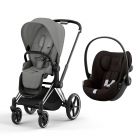 Poussette duo Priam 4 Mirage Grey châssis Chrome Black + Siège auto Cloud G i-Size