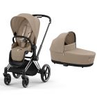 Poussette duo Priam 4 Cozy Beige châssis Chrome Black + Nacelle Luxe