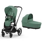 Poussette duo Priam 4 Leaf Green châssis Chrome Black + Nacelle Luxe