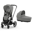 Poussette duo Priam 4 Mirage Grey châssis Chrome Black + Nacelle Luxe