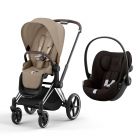 Poussette duo Priam 4 Cozy Beige châssis Chrome Brown + Siège auto Cloud G i-Size