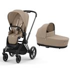 Poussette duo Priam 4 Cozy Beige châssis Matt Black + Nacelle Luxe