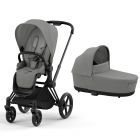 Poussette duo Priam 4 Mirage Grey châssis Matt Black + Nacelle Luxe
