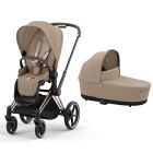 Poussette duo Priam 4 Cozy Beige châssis Rose Gold + Nacelle Luxe