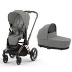 Poussette duo Priam 4 Mirage Grey châssis Rose Gold + Nacelle Luxe