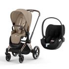 Poussette duo Priam 4 Cozy Beige châssis Rose Gold + Siège auto Cloud T i-Size