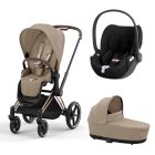 Poussette trio Priam 4 Cozy Beige châssis Rose Gold + Cloud T i-Size + Nacelle Luxe