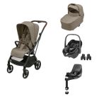 Poussette trio Leona² Truffle + siège auto Pebble 360 Black + nacelle Sense Truffle + Base FamilyFix 360