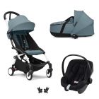 Poussette Trio YOYO 3 pack 6+ + siège auto Aton B2 Black + Nacelle - Chassis blanc - Aqua