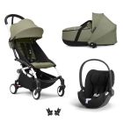 Poussette trio YOYO + pack 6+ + siège auto Cloud T Black + Nacelle - Châssis blanc - Olive
