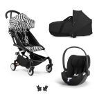 Poussette trio YOYO + pack 6+ + siège auto Cloud T Black + Nacelle - Châssis blanc - Zebra / Noir