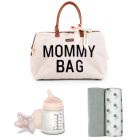 Sac à langer Mommy bag teddy écru + lot de 2 langes 120cm Gris Mirage et  Jungle + coffret zéro.zéro biberon 180ml + sucette 2mois