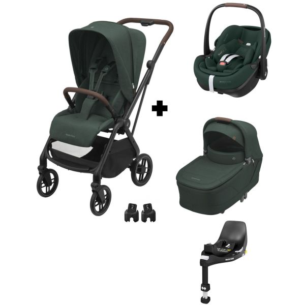 Poussette trio Leona² + Siège auto Pebble 360 Pro² + nacelle Sense Twillic Green + Base Family fix 360 Pro