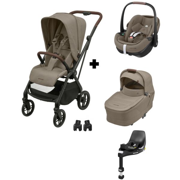 Poussette trio Leona² + Siège auto Pebble 360 Pro² + nacelle Sense Twillic Truffle + Base Family fix 360 Pro