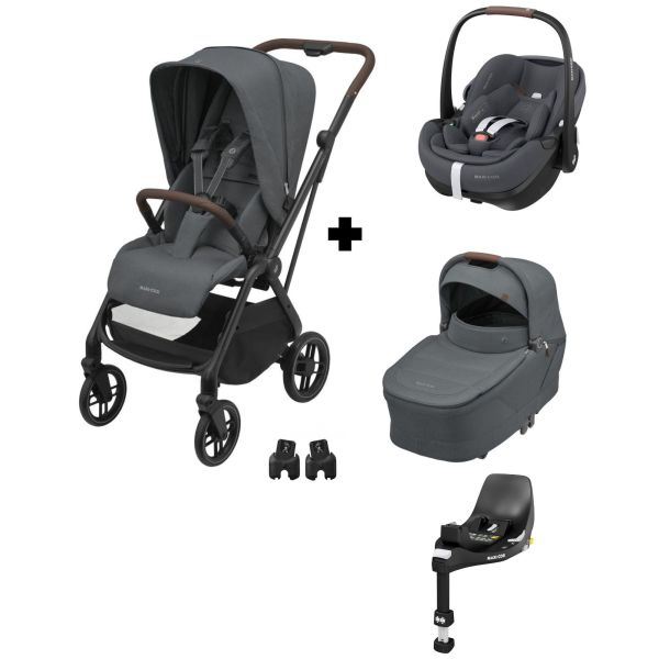 Poussette trio Leona² + Siège auto Pebble 360 Pro² + nacelle Sense Twillic Graphite + Base Family fix 360 Pro