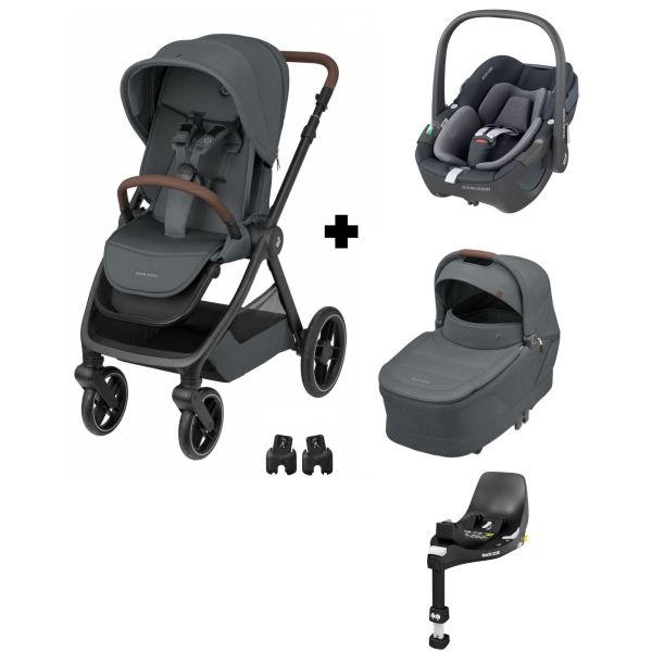 Poussette trio Oxford + siège auto Pebble 360 +nacelle Sense Twillic Graphite + base FamilyFix 360