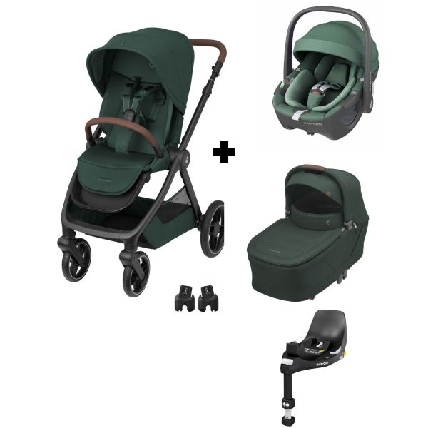 Poussette trio Oxford + siège auto Pebble 360 + nacelle Sense Twillic Green + base FamilyFix 360
