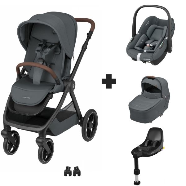 Poussette trio Oxford + Siège auto Pebble S + nacelle Sense Graphite + base Family Fix S