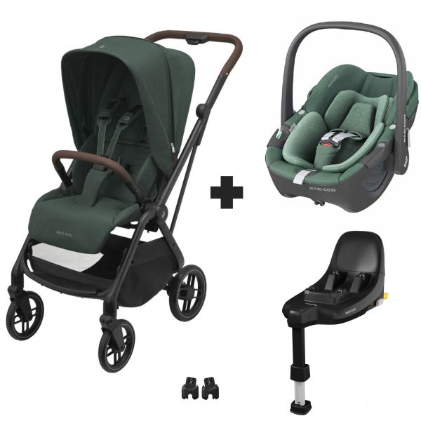 Poussette duo Leona² Twillic Green + siège auto Pebble 360 Essential Green + Base FamilyFix 360
