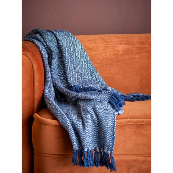 Plaid en coton Herringbone bleu 160x130 cm