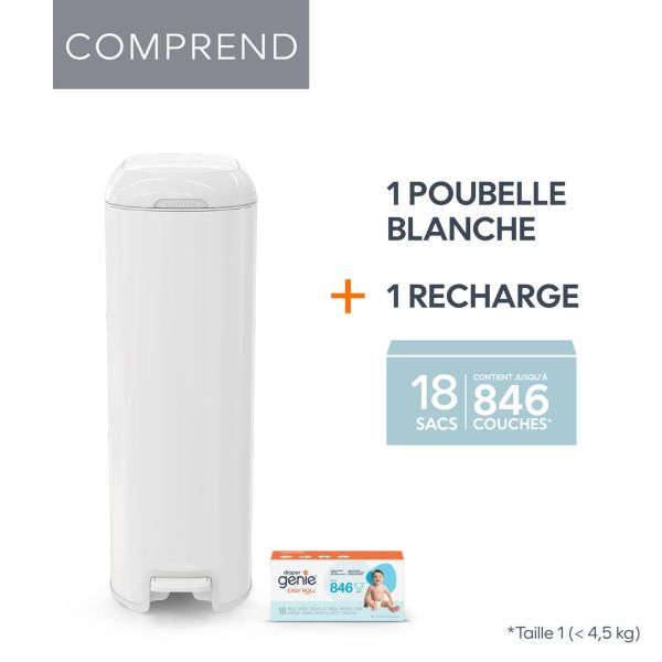 Poubelle à couches Platinum blanche avec 1 recharge Easy Roll
