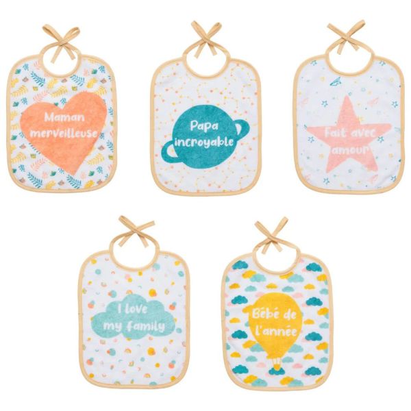 Lot de 5 bavoirs naissance Love family