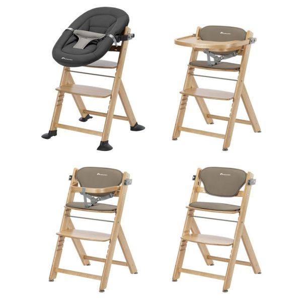 Chaise haute évolutive 2-en-1 Timba ²Wood avec coussin beige + transat Tinted Graphite