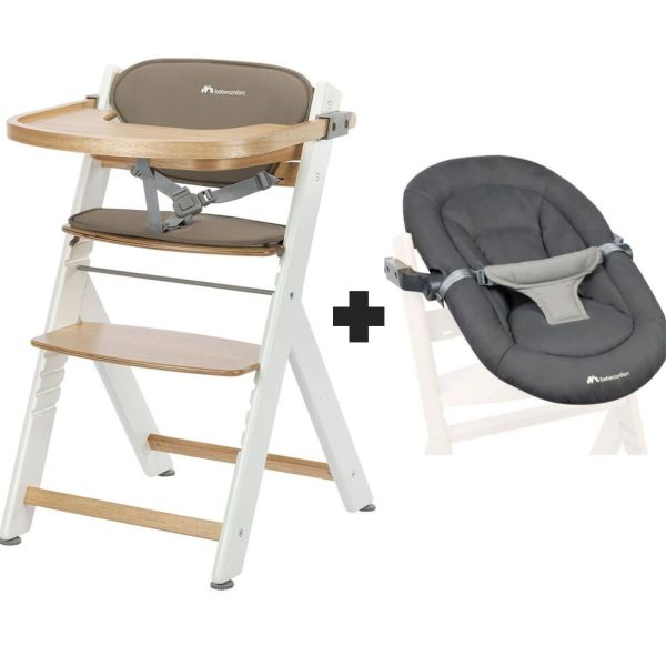 Chaise haute évolutive 2-en-1 Timba ² Light Wood avec coussin beige + transat Tinted Graphite