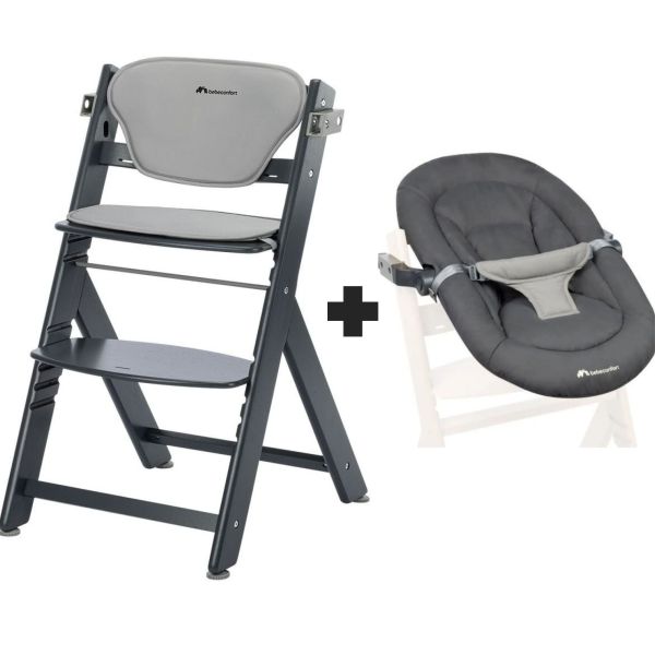 Chaise haute évolutive 2-en-1 Timba ² avec coussin Mineral Graphite  + transat Tinted Graphite