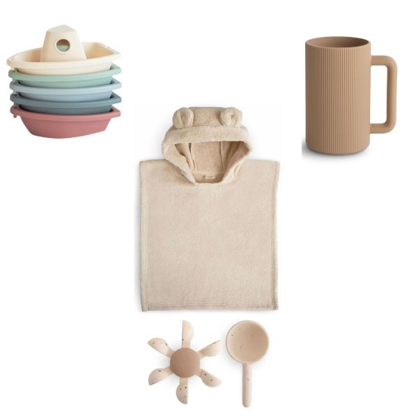 Pack jouets de bain avec poncho : Gobelet natural, Moulin à eaux wheel, Bateaux original et Poncho ours fog