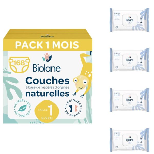 Couches bébé taille 1 Pack 1 mois 168 couches + 4 x 72 lingettes
